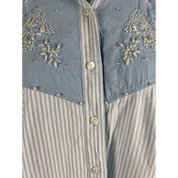 Premier International Blue Striped Denim Faux Pearl Butterfly Embroidered Top 2X - Picture 3 of 8